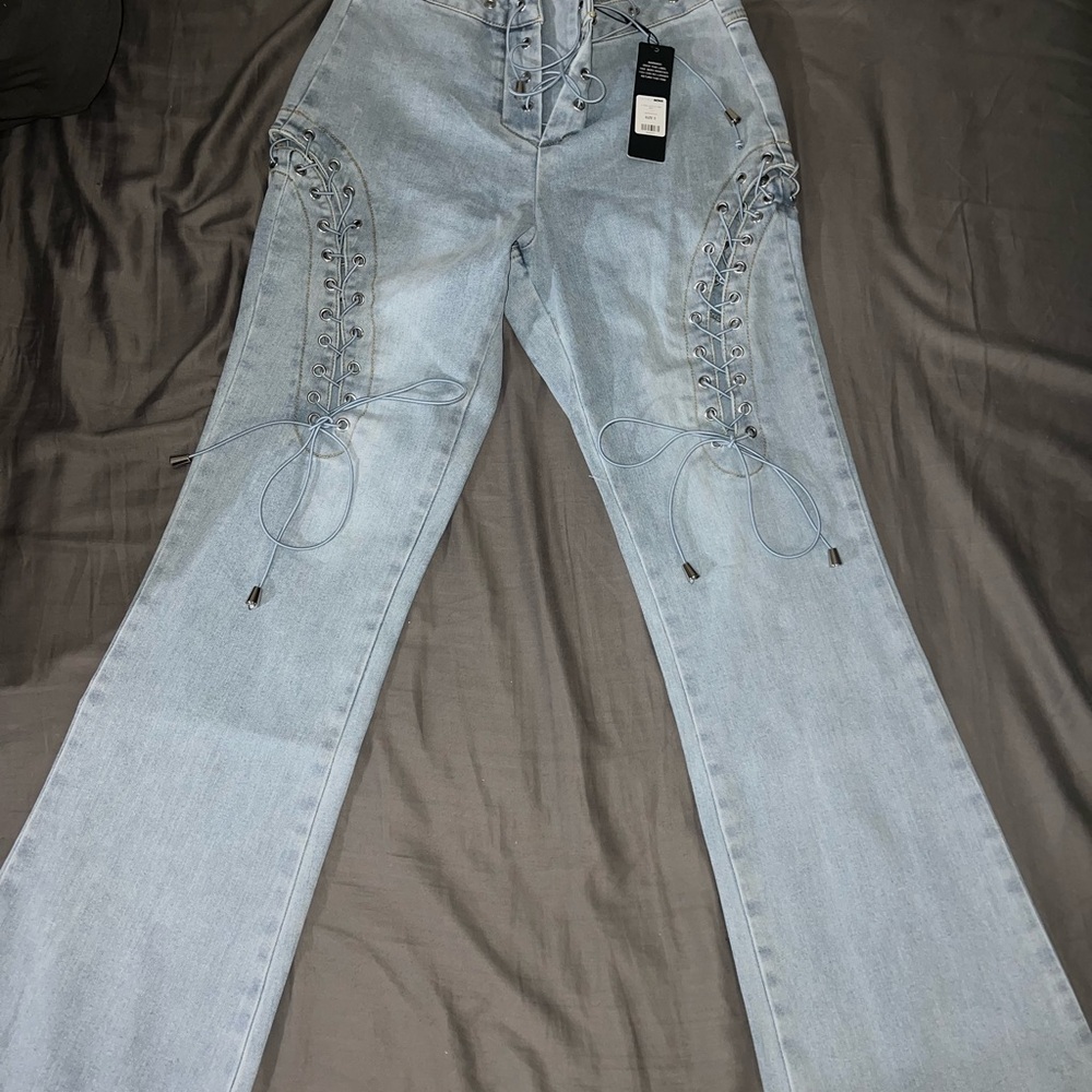 Fashion Novas Women's Light Blue Lace-Up Jeans